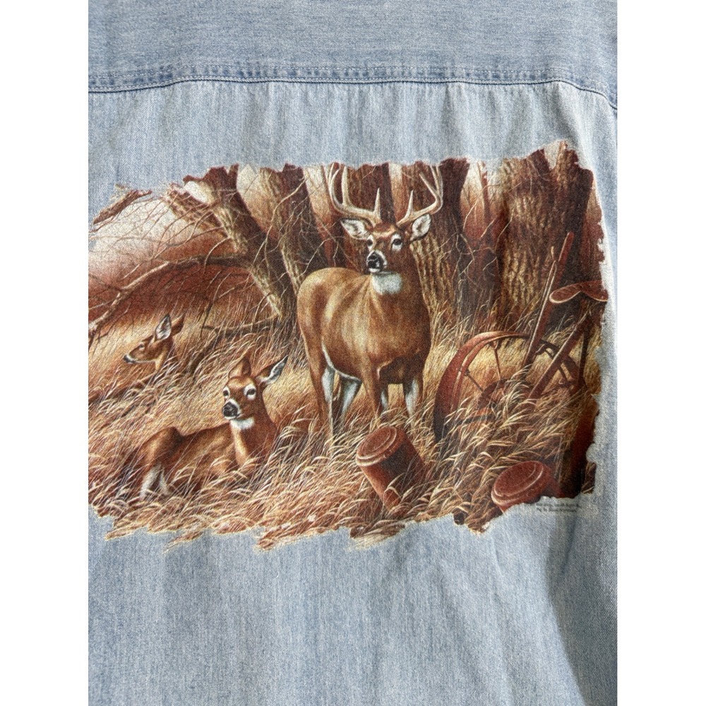 Mens Vintage Deer Graphic Denim Shirt Short Sleeve Light Wash Large hunter fade